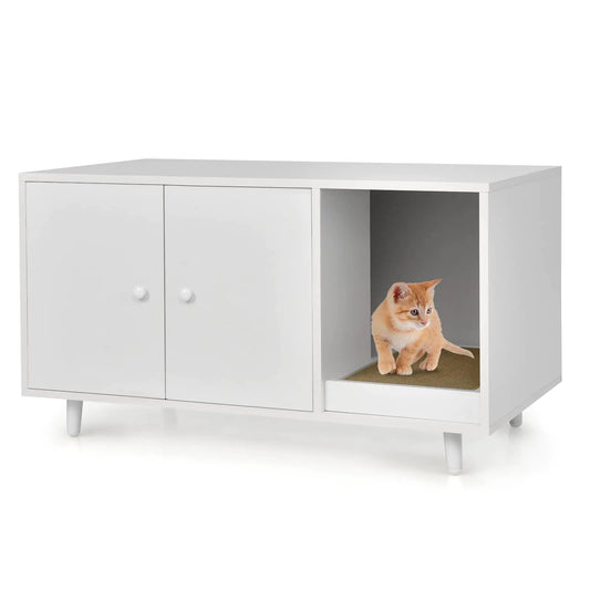 PETSITE Cat Litter Box Enclosure Wooden Hidden Cat Washroom Furniture with Divider & Cat Scratcher Stackable Pet House End Table